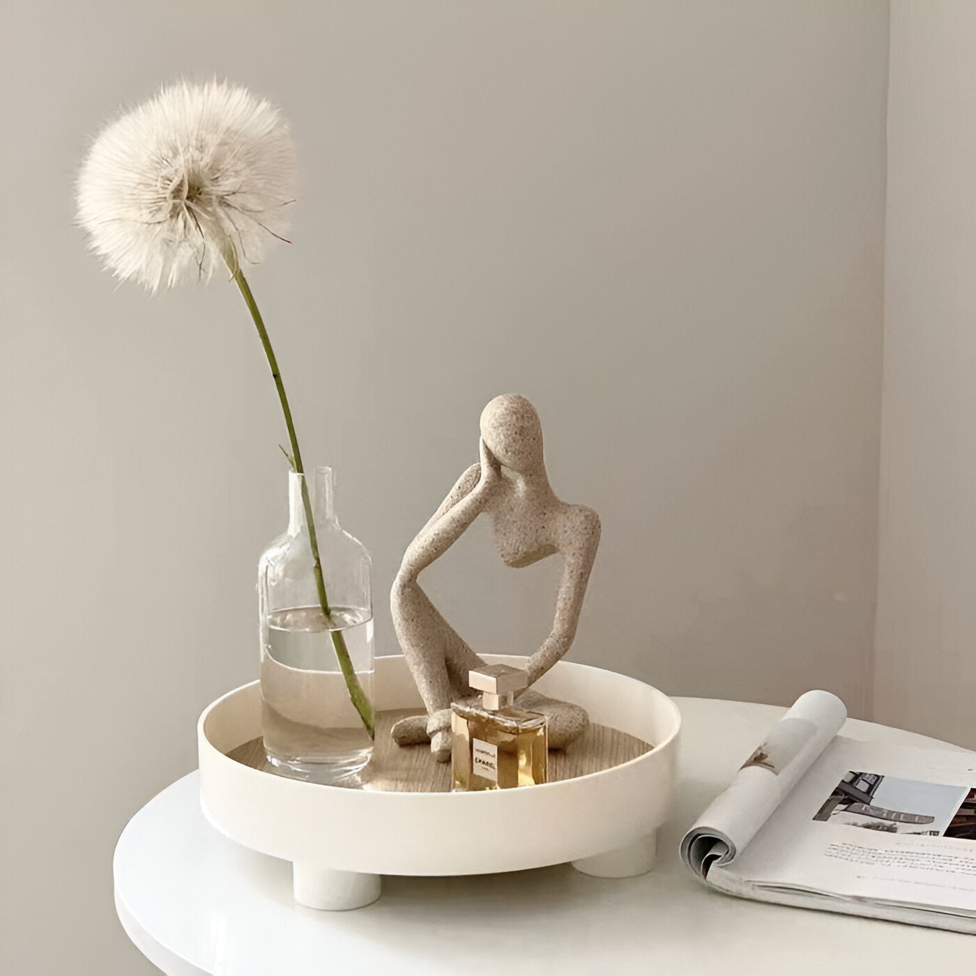BowLift | Round Serving Tray - Decorative Tray Made of Wood - White Tray Made of Ceramic