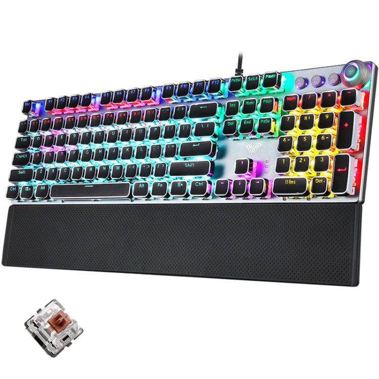 BowLift | AULA F2088 108 Keys Mixed Light Plating Punk Mechanical Brown Switch Wired USB Gaming Keyboard with Metal Key (Silver)
