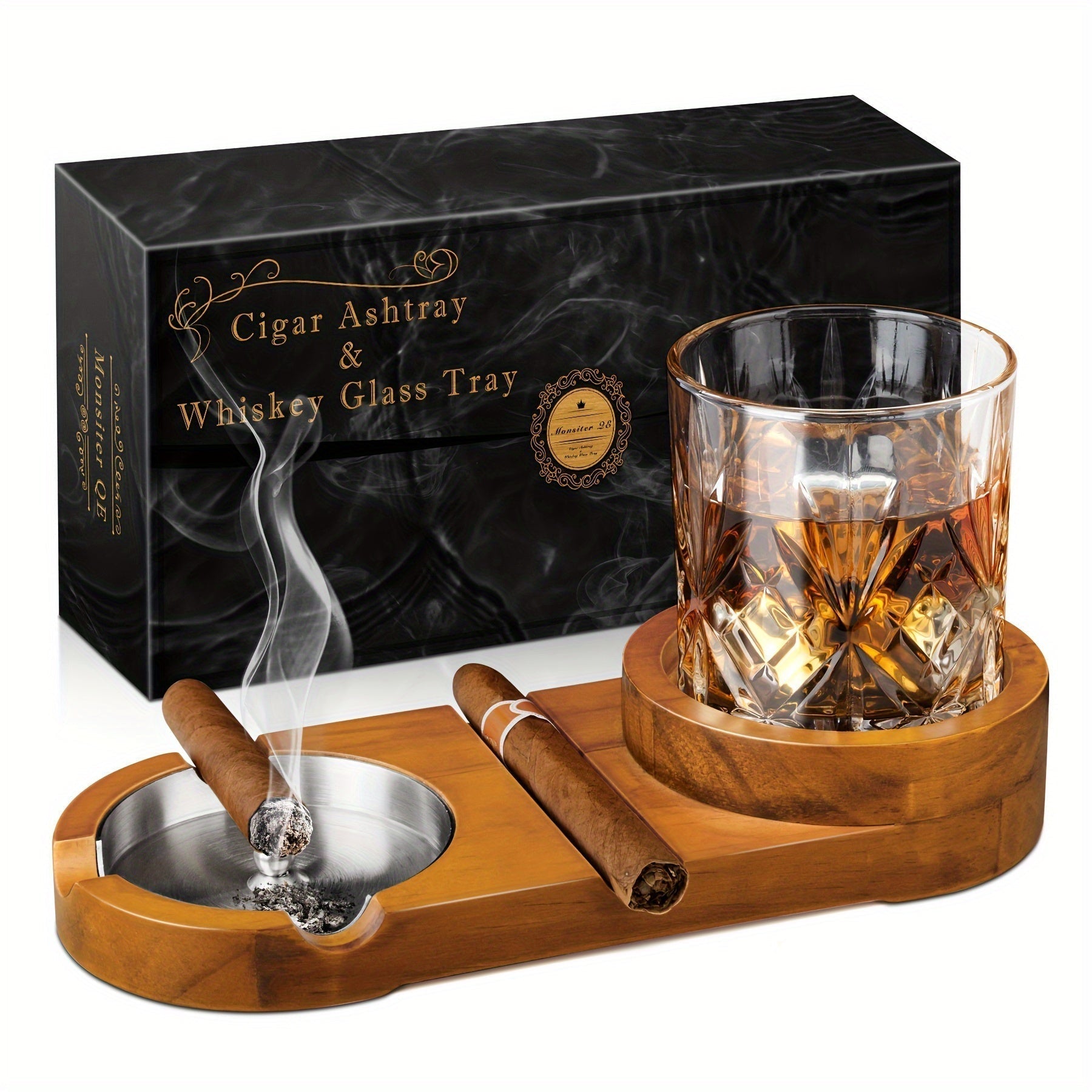 BowLift | CigarOak Ashtray with Whiskey Holder – Luxury Wooden Tray for Cigar Lovers