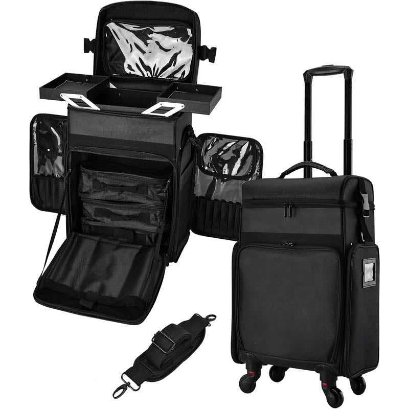 BowLift | Rolling Makeup Train Case Professional Cosmetology Travel Trolley with telescopic handle Makeup Artist Organizer Box