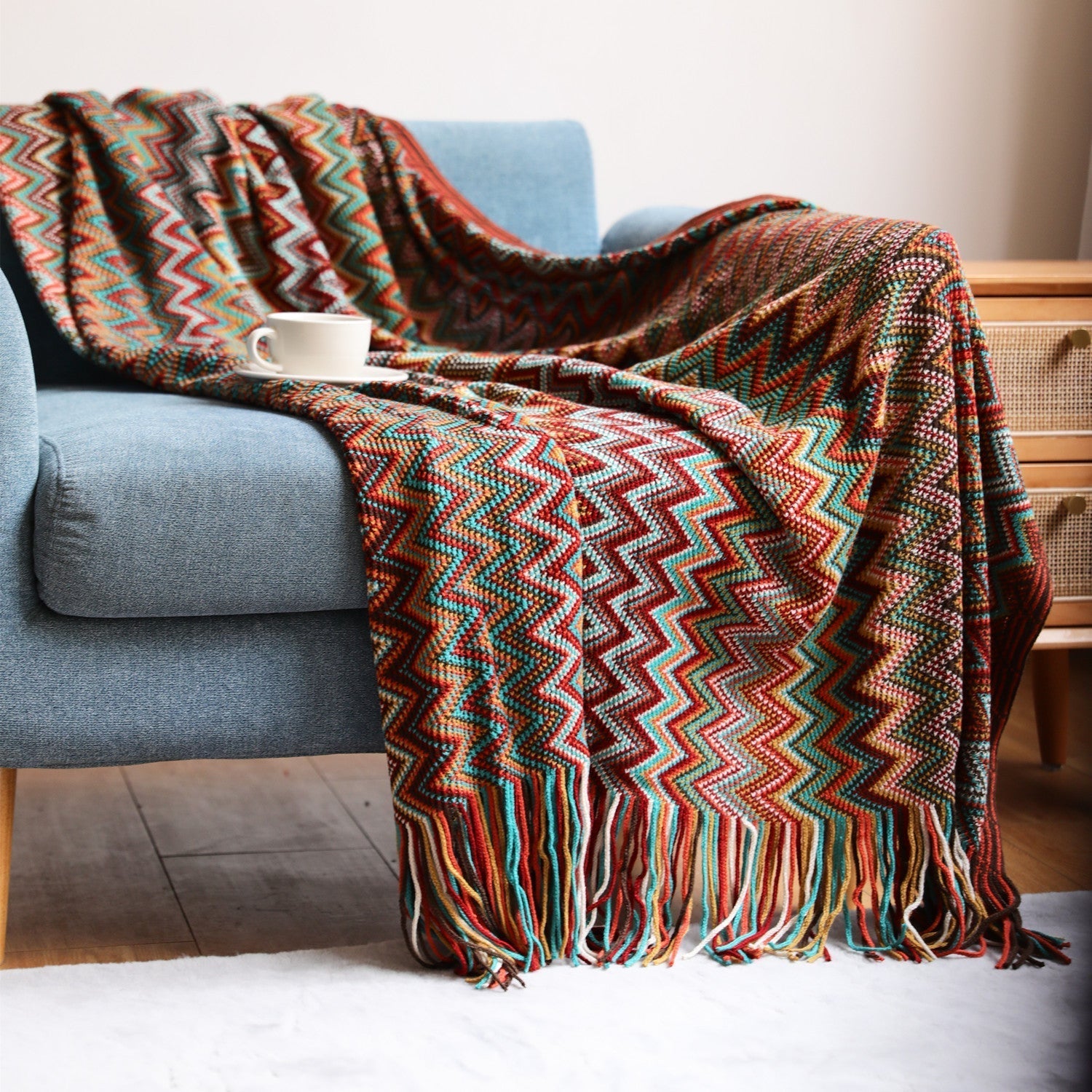 BowLift | Boho Chevron Duvet Cover – Handwoven – With Fringes – Warm Earth Tones