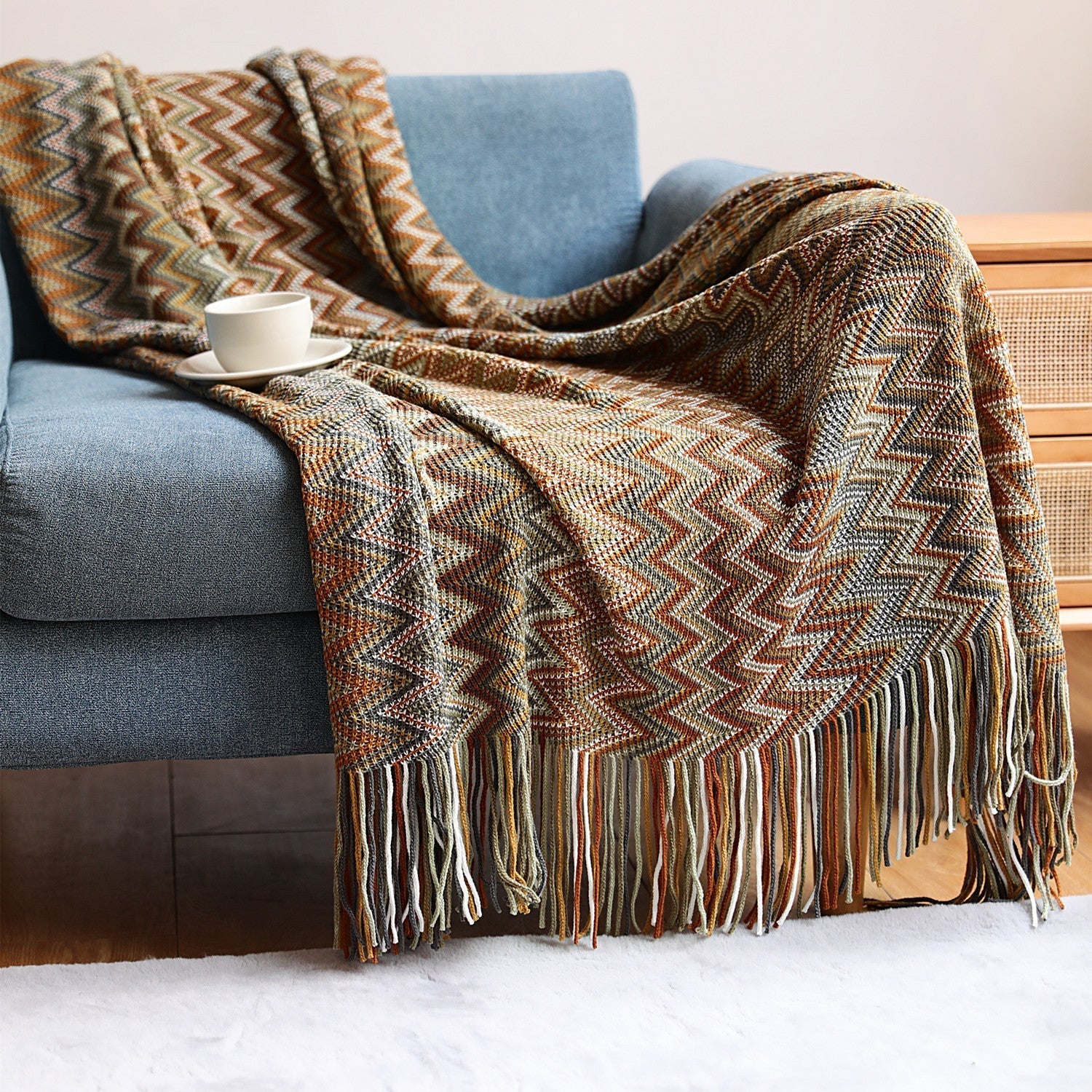 BowLift | Boho Chevron Duvet Cover – Handwoven – With Fringes – Warm Earth Tones