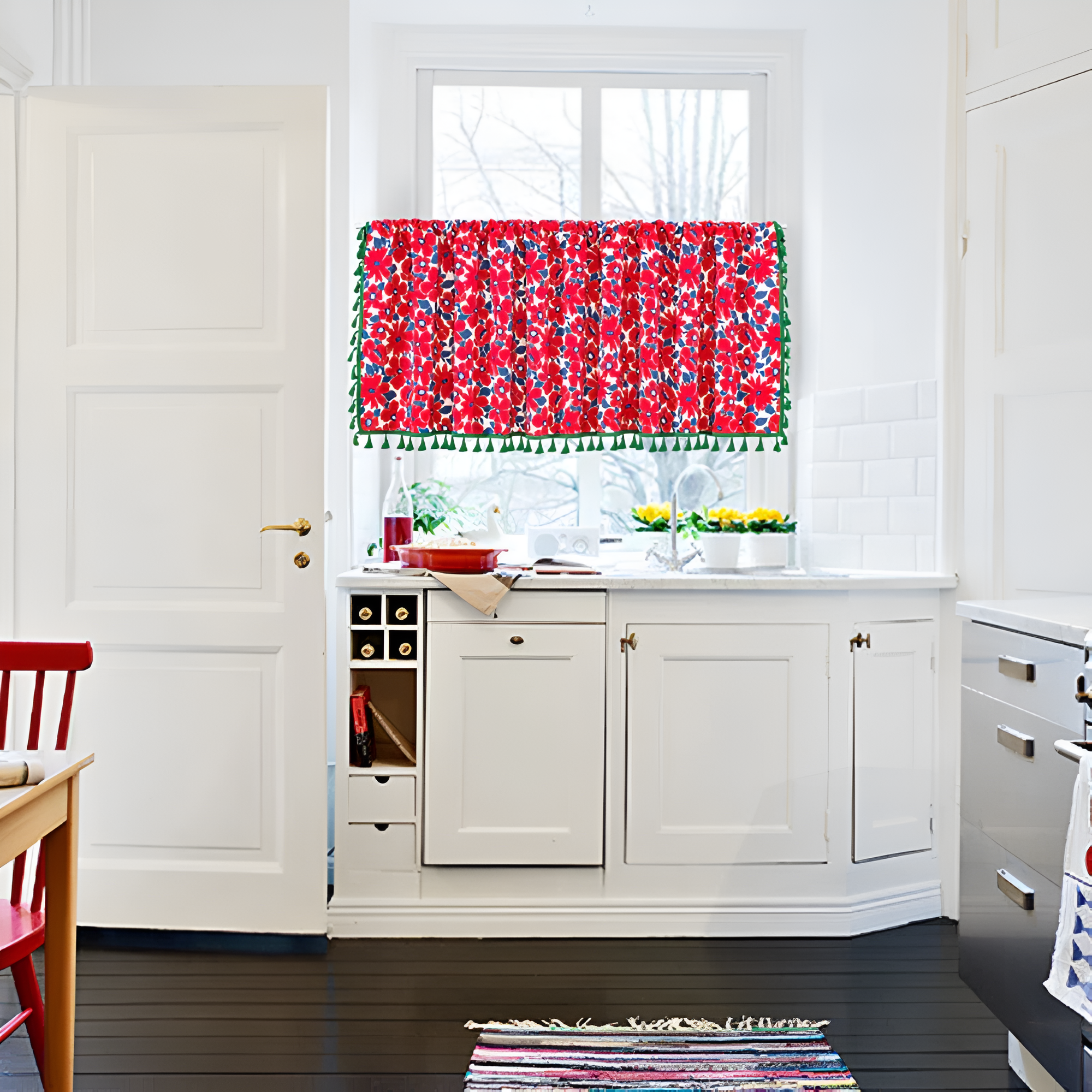 BowLift | Graceful Red Floral Linen Cabinet Window Curtain