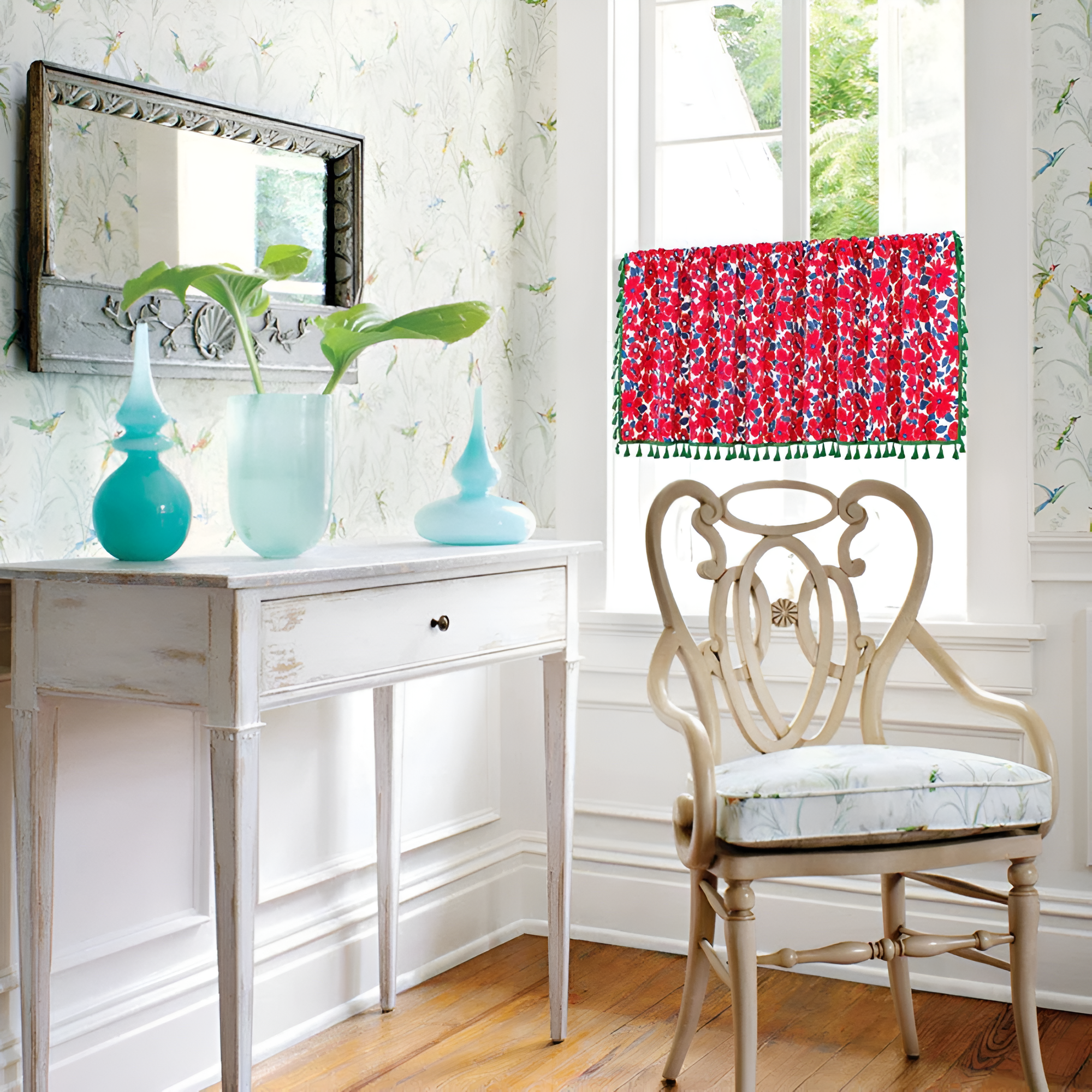 BowLift | Graceful Red Floral Linen Cabinet Window Curtain