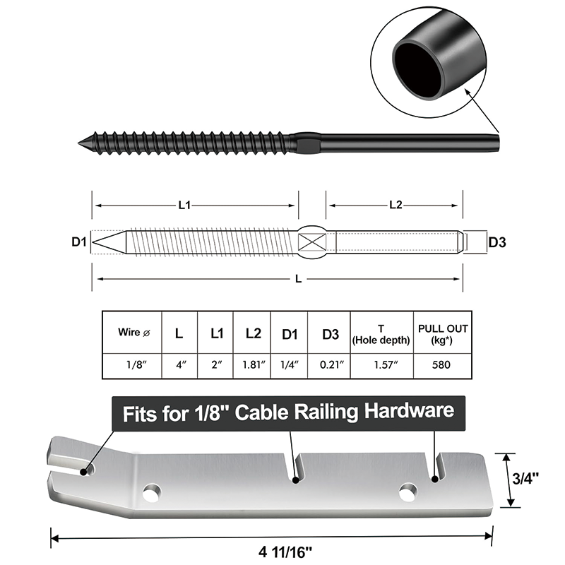 BowLift | 100 Pack Cable Railing Swage Threaded Stud Tension,T316 Stainless Steel Black Right&Left Handed Thread Swage Lag Screws for Wood Posts of 1/8" Black Stair Cable Railing Kit