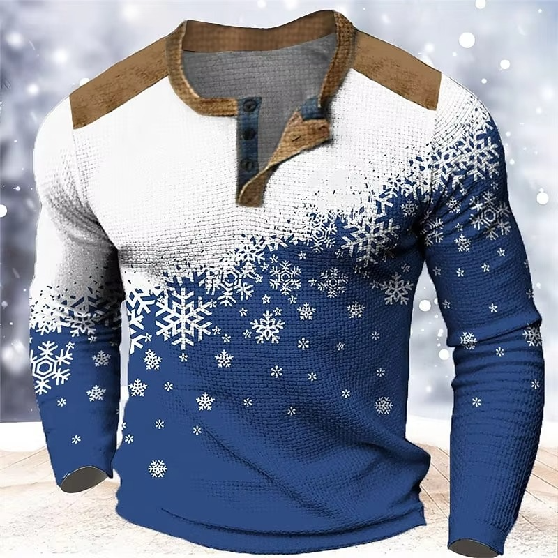 BowLift | Christmas Snowflake Gradient 3D Print Henley Shirt for Men