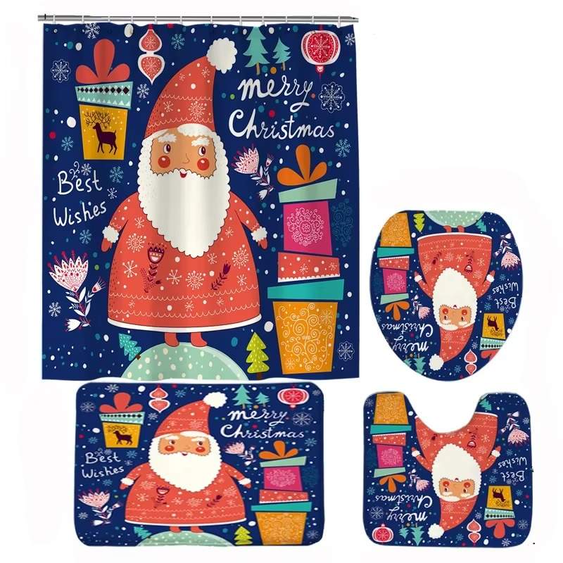 BowLift | Christmas Bathroom Set with Shower Curtain, Non-Slip Bath Mat, Toilet Lid Cover, and Rug – Santa, Bear, and Snowman Winter Design