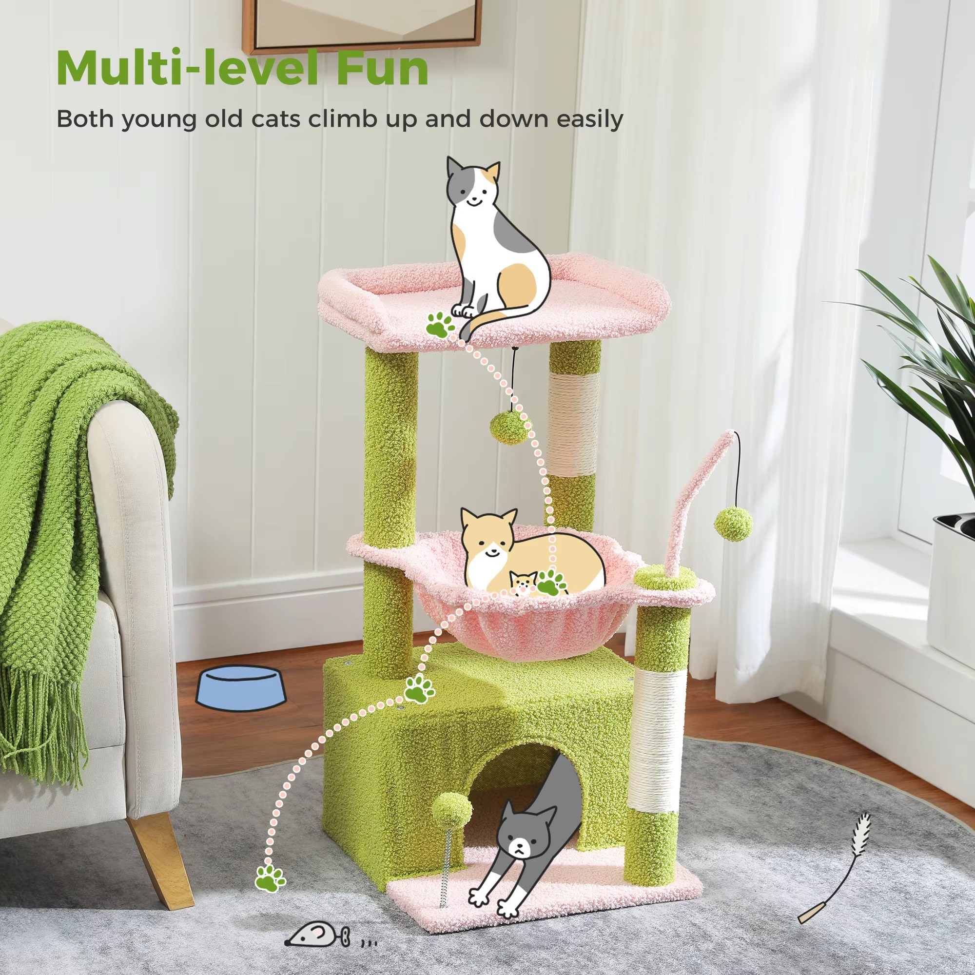 BowLift | Cactus Cat Tree Tower with Condo, Hammock, Scratching Post and Perch for Indoor Cats