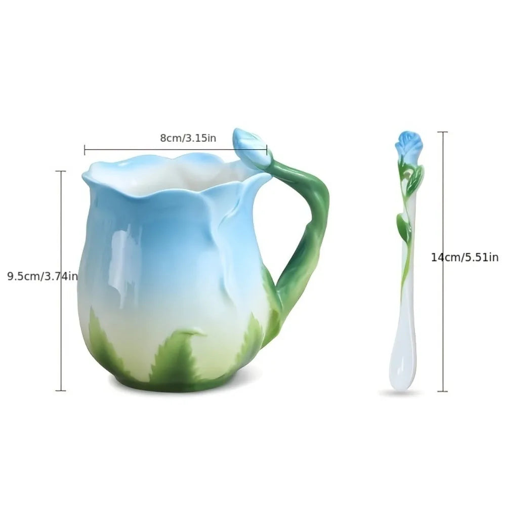 BowLift | 3D Rose Flower Coffee Mug Ceramic Coffee Mugs Cute Aesthetic Water Cups with Spoon Summer Winter Drinking Utensils Valentine's Day Gifts