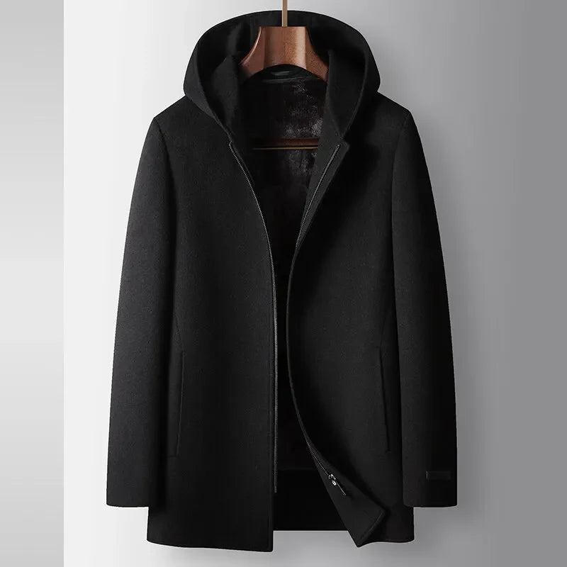 Hooded Wool Coat in Mid-Length with Concealed Zip