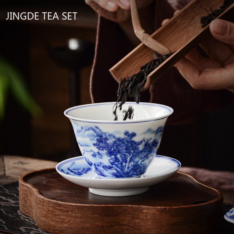 BowLift | PorceVive Gaiwan Tea Cup | Handcrafted Porcelain with Landscape Pattern | Chinese Tea Set with Lid