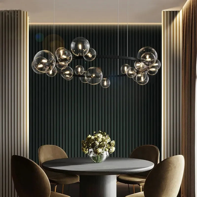 BowLift | Modern creative metal chandelier lighting: 7/10 clear glass bubbles, long round design with G9 light socket