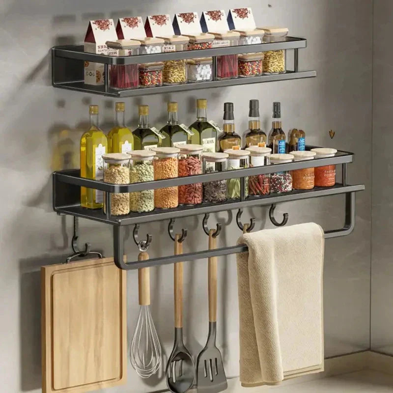 BowLift | Black Wall-Mounted Kitchen Rack – Spice Shelf with Utensil Hook Bar