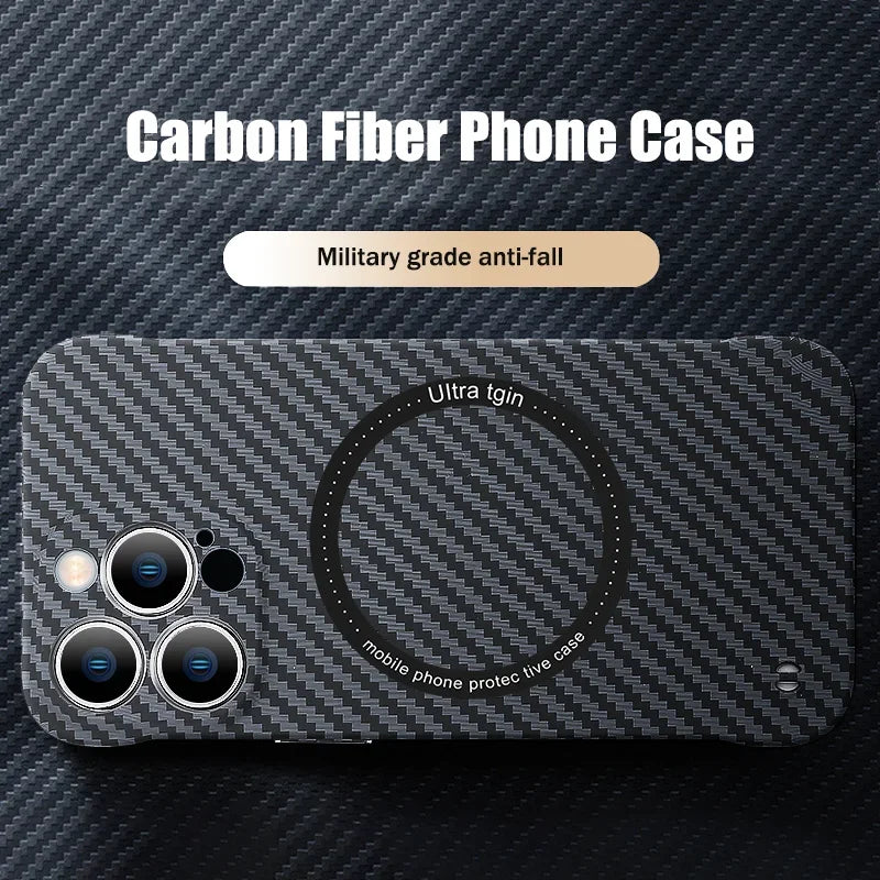 BowLift | Ultra thin carbon fiber magnetic case for iPhone 16 15 ProMax 14 Plus 13 12 11 Pro Max Magsafe wireless charging borderless cover