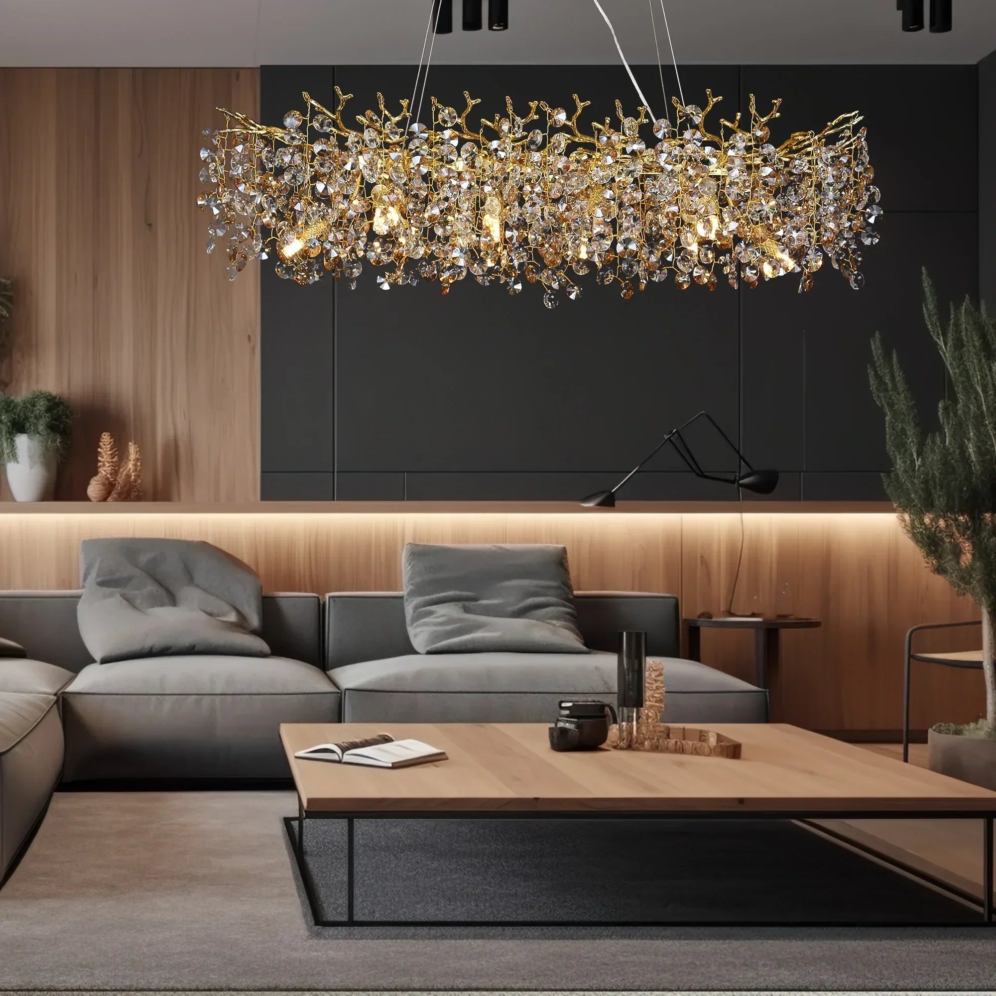 BowLift | Long Crystal Pendant Light - Dining Room Gold Restaurant Island Hanging Light, Silver Nordic LED Pendant Light Large