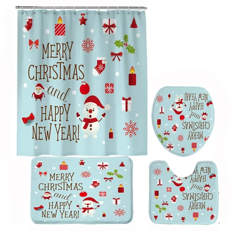 BowLift | Christmas Bathroom Set with Shower Curtain, Non-Slip Bath Mat, Toilet Lid Cover, and Rug – Santa, Bear, and Snowman Winter Design