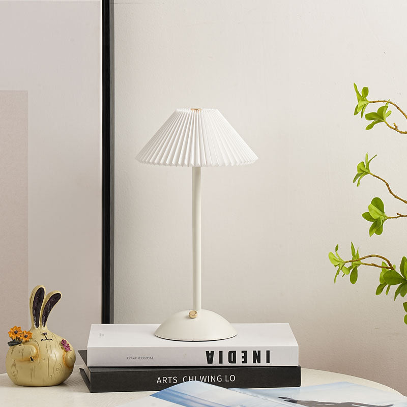 BowLift | Contemporary Scandinavian rechargeable iron fabric cone pleated LED table lamp for bedside