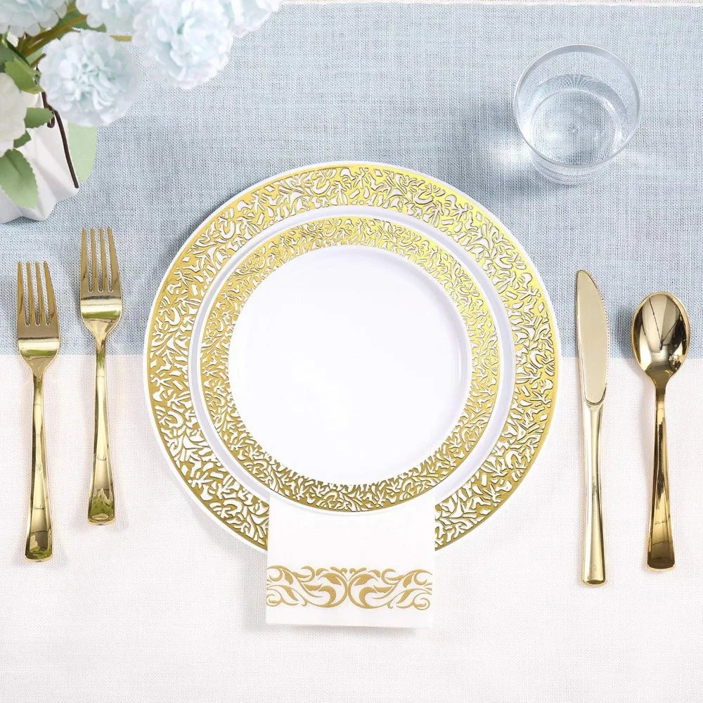BowLift | 350pcs Disposable Gold Lace Dinnerware Set for 50 Guests