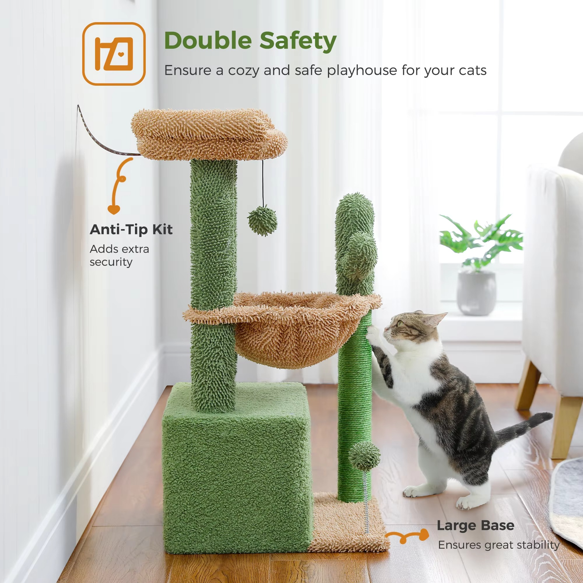 BowLift | Cactus Cat Tree Tower with Condo, Hammock, Scratching Post and Perch for Indoor Cats