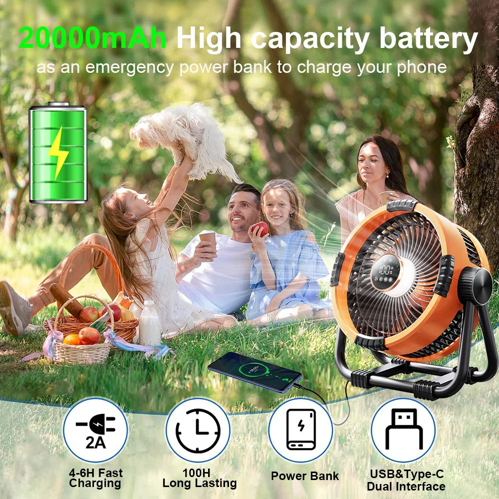 BowLift | Camping Fan with 20000mAh Battery, LED Light & Remote Control – WindMate