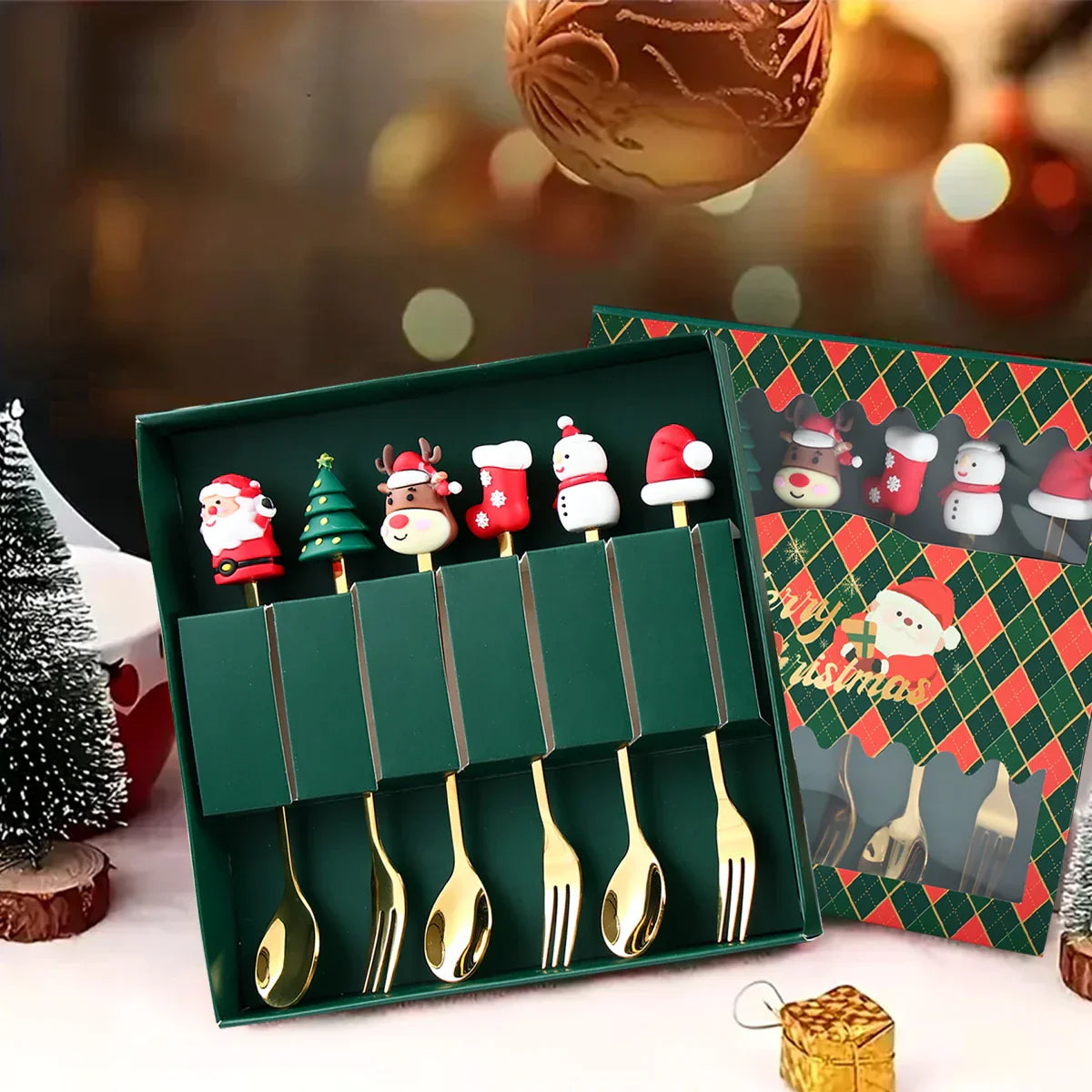 BowLift | GoldParty Christmas Cutlery Set – Luxury Gold Spoon and Fork with Santa Claus Design