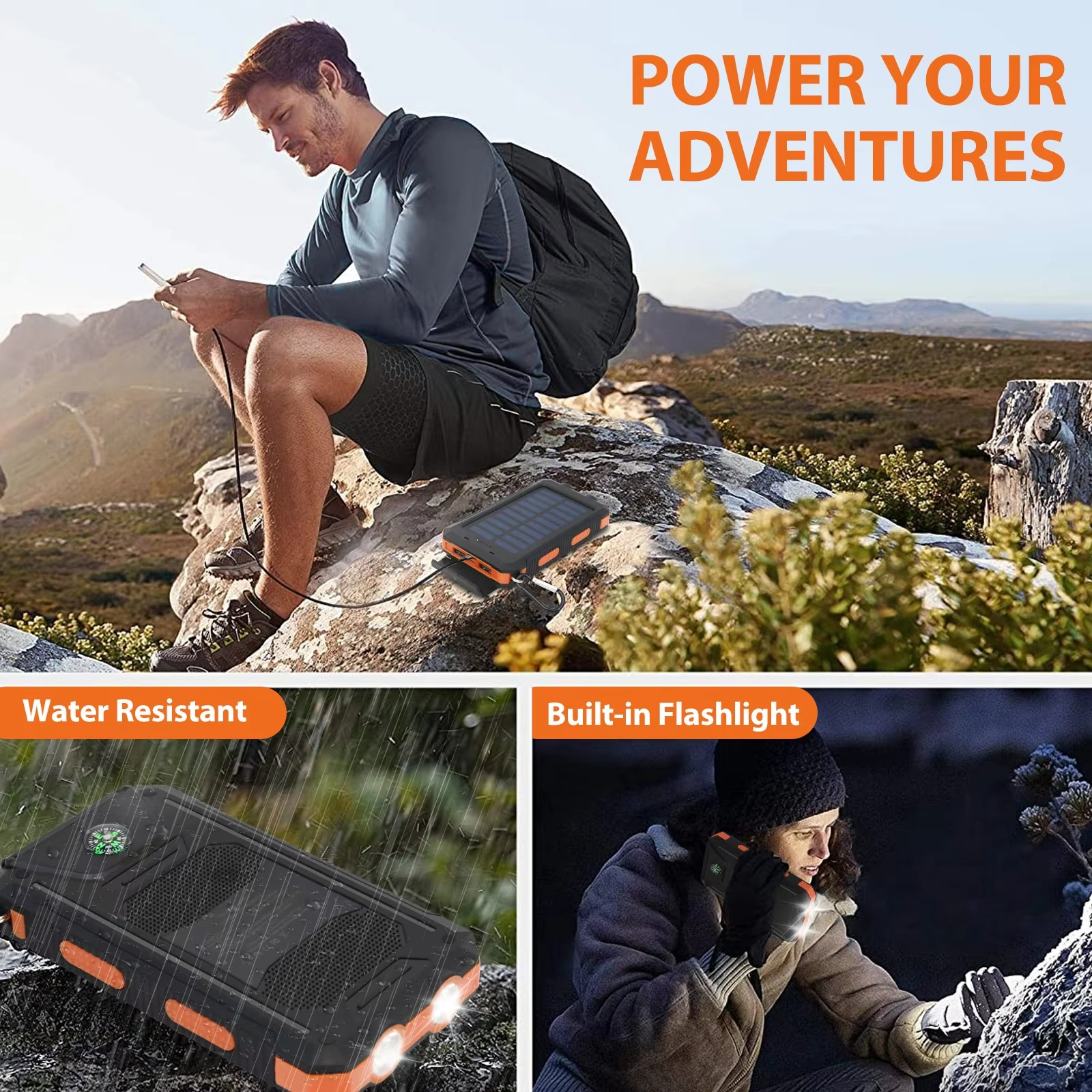 BowLift | 20000mAh Portable Solar Power Bank with Dual USB and LED Flashlight