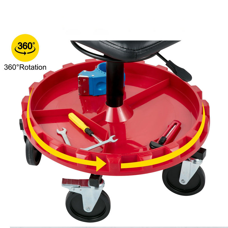 BowLift | Rolling Shop Stool for Garage with Wheels and Tool Tray 400 LBS Capacity All-Terrain 5" Casters Black Red