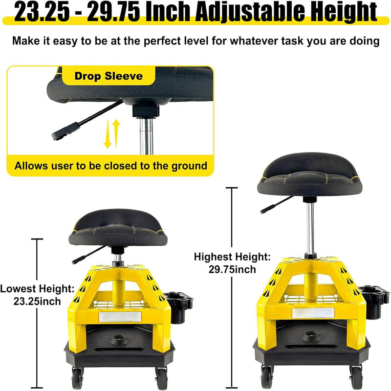 BowLift | Rolling Shop Stool for Garage with Casters Adjustable Height 330LBS Capacity for Workshop Auto Repair Shop Yellow