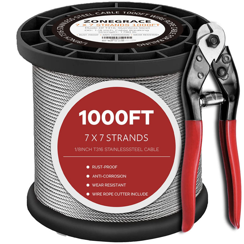 BowLift | T316 Stainless Steel Cable 1/8'' x 1000 ft with a Cutter DIY Balustrades 7x7 Strands Construction Braided Stainless Wire