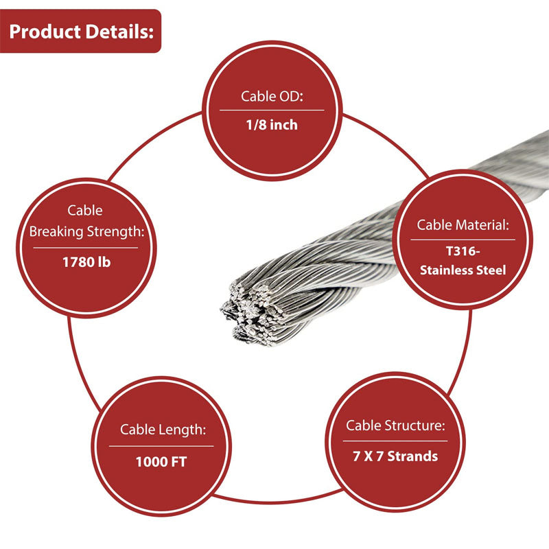 BowLift | T316 Stainless Steel Cable 1/8'' x 1000 ft with a Cutter DIY Balustrades 7x7 Strands Construction Braided Stainless Wire