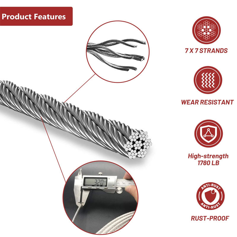 BowLift | T316 Stainless Steel Cable 1/8'' x 1000 ft with a Cutter DIY Balustrades 7x7 Strands Construction Braided Stainless Wire