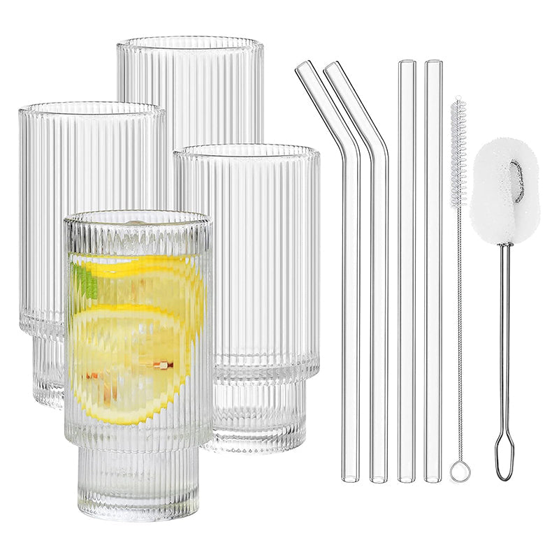 BowLift | 12 oz Ribbed Glassware Drinking Glasses with Straws Set of 4, Iced Coffee Cups Glass Tumbler for Cocktail, Whiskey, Beer, Water