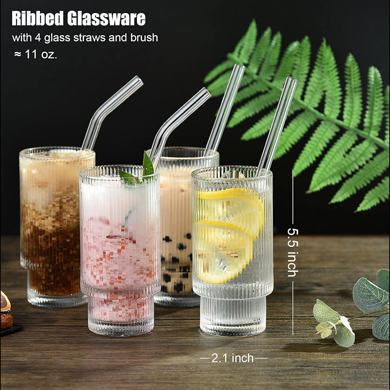 BowLift | 12 oz Ribbed Glassware Drinking Glasses with Straws Set of 4, Iced Coffee Cups Glass Tumbler for Cocktail, Whiskey, Beer, Water