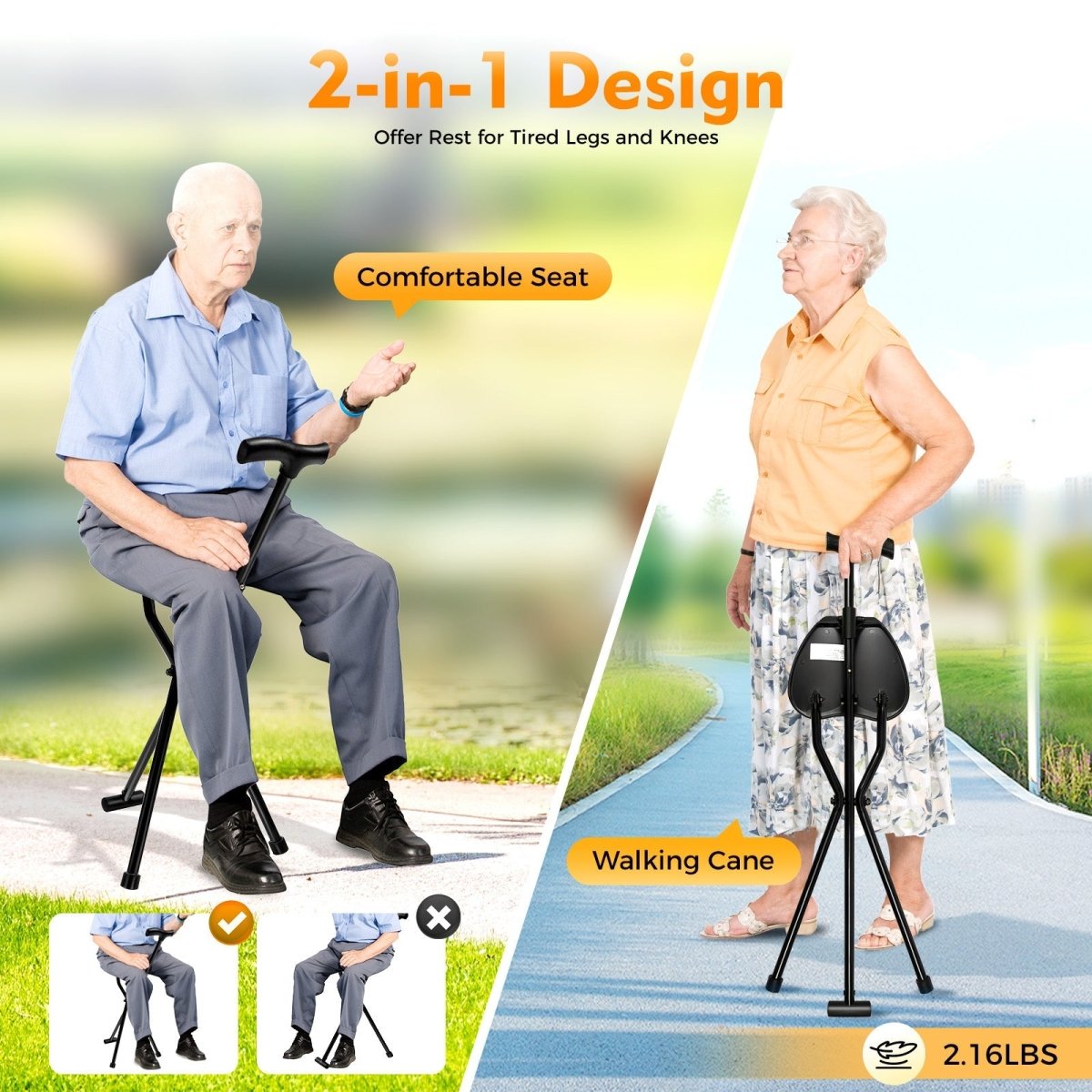 BowLift | Foldable walking stick with integrated seat for comfort on the go