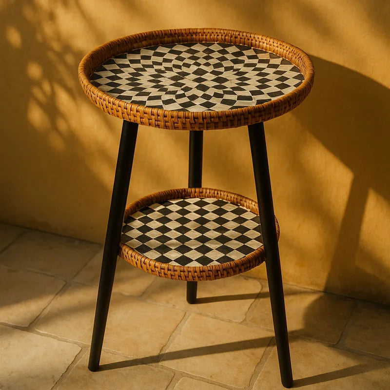 BowLift | Double Side Table with Artistic Mosaic Pattern - Rattan & Wood