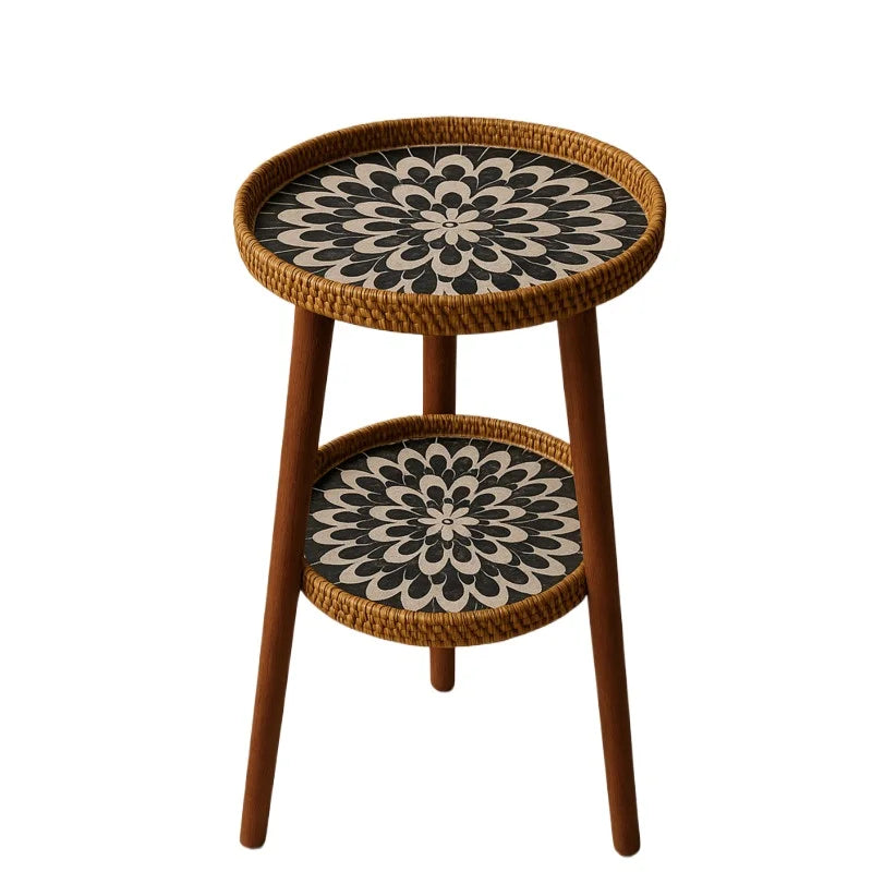BowLift | Double Side Table with Artistic Mosaic Pattern - Rattan & Wood