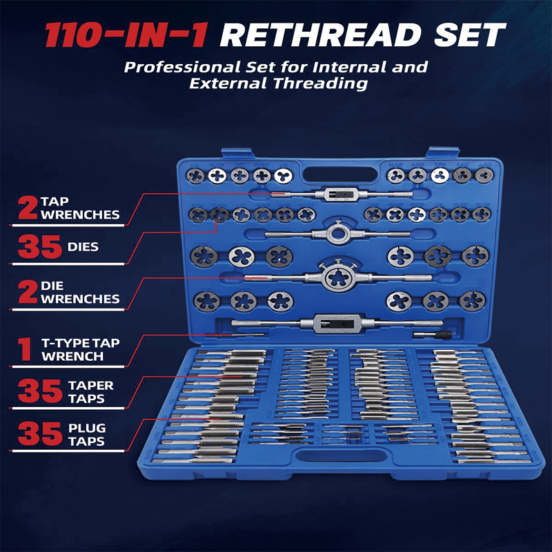 BowLift | Tap and Die Set, 110PCS Metric Tap and Die Rethreading Kit, Metric Size M3 to M16 for Cutting External and Internal Threads