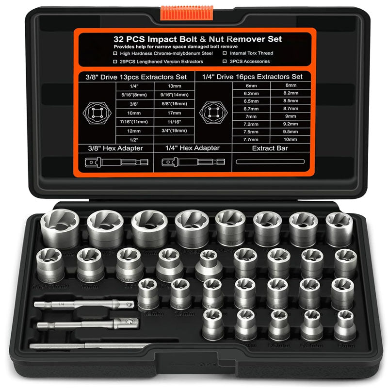 BowLift | Tap Extractors  32Pcs Impact Bolt & Nut Remover Set  for Damaged Frozen Rusted Rounded Broken Bolts Nuts Screws Remove