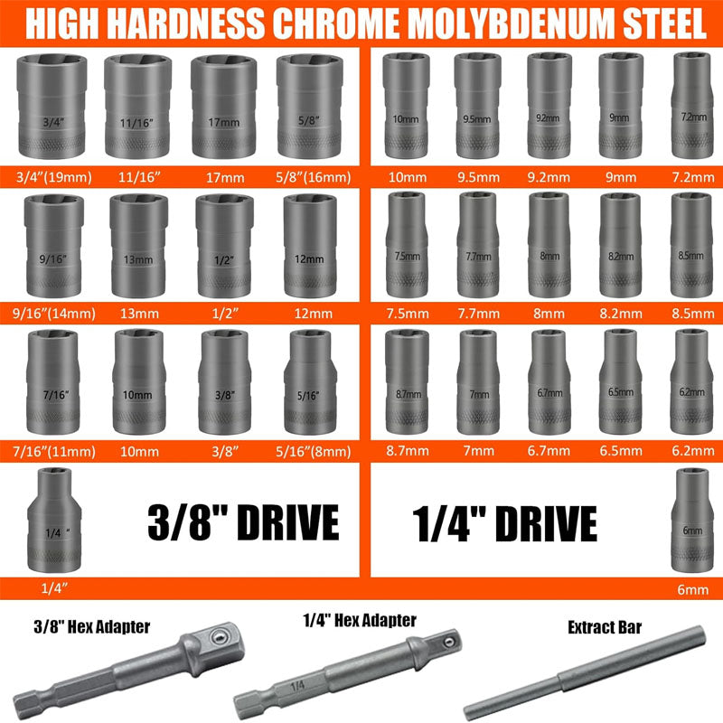 BowLift | Tap Extractors  32Pcs Impact Bolt & Nut Remover Set  for Damaged Frozen Rusted Rounded Broken Bolts Nuts Screws Remove