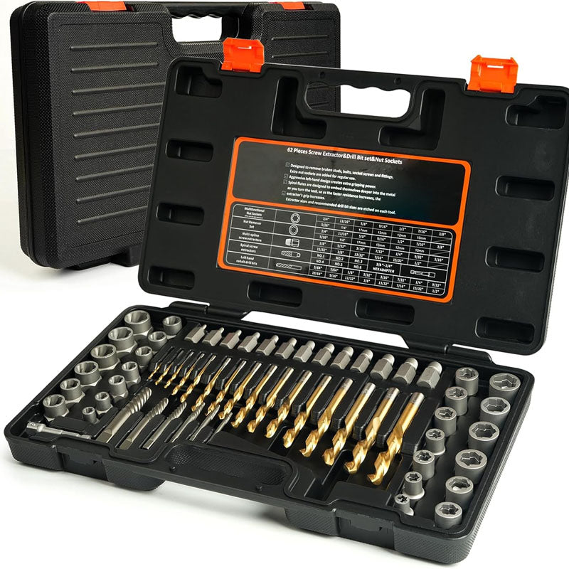 BowLift | Tap Extractors 62Pcs Screw Extractor Set with Left Hand Drill Bit for Broken Nuts Bolts Stripped Screw Remove with Portable Case