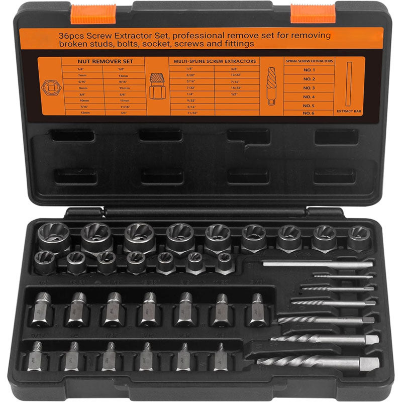 BowLift | Tap Extractors 36 Pieces Bolt Extractor Set for Removing Damaged Frozen Rusted Rounded-Off Bolts Nuts & Screws