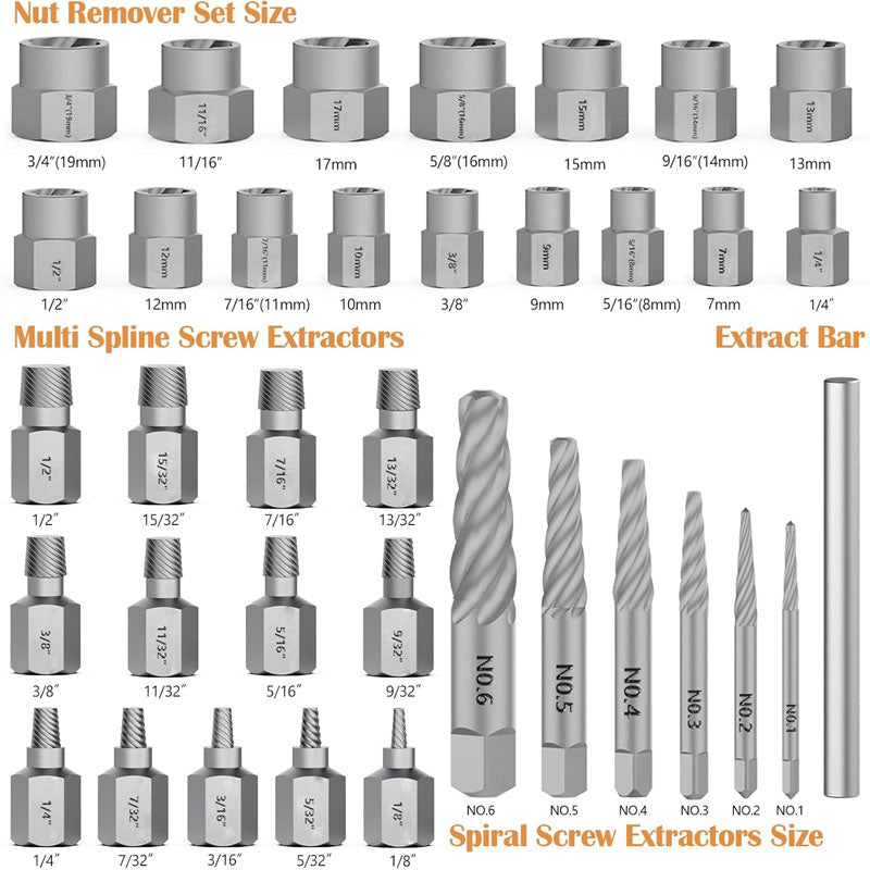 BowLift | Tap Extractors 36 Pieces Bolt Extractor Set for Removing Damaged Frozen Rusted Rounded-Off Bolts Nuts & Screws