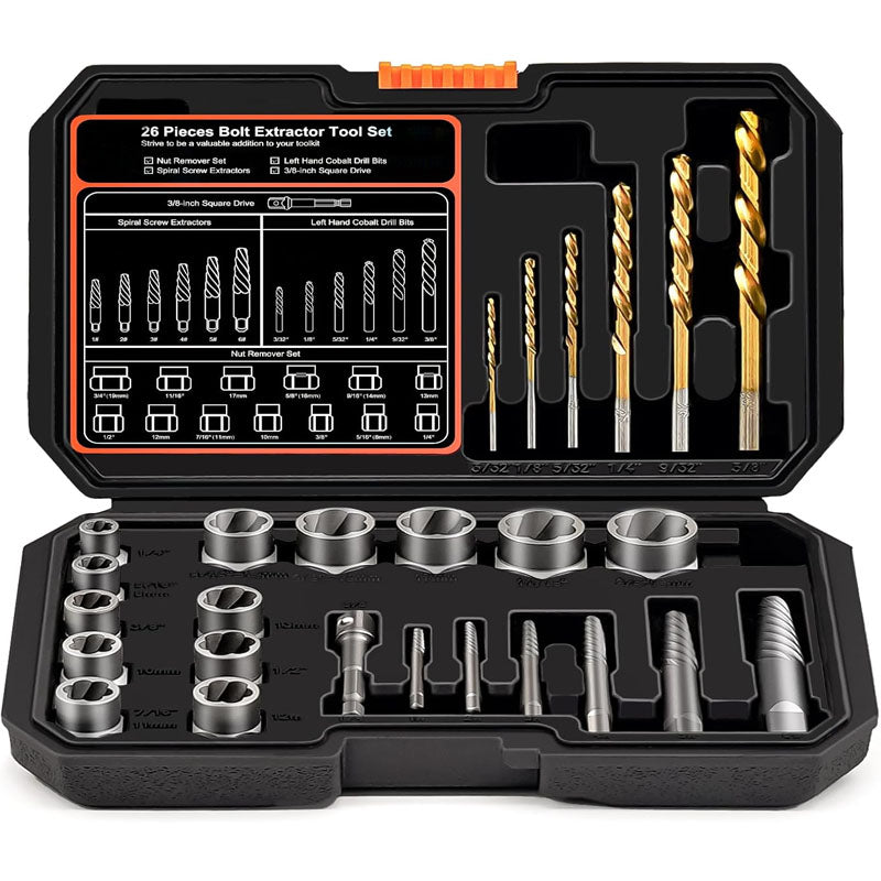 BowLift | Tap Extractors 26Pcs Bolt Extractor Kit and Left Handed Drill Bit for Damaged Stripped Broken Lug Nut Bolt and Nut Remove with Hex Adapter