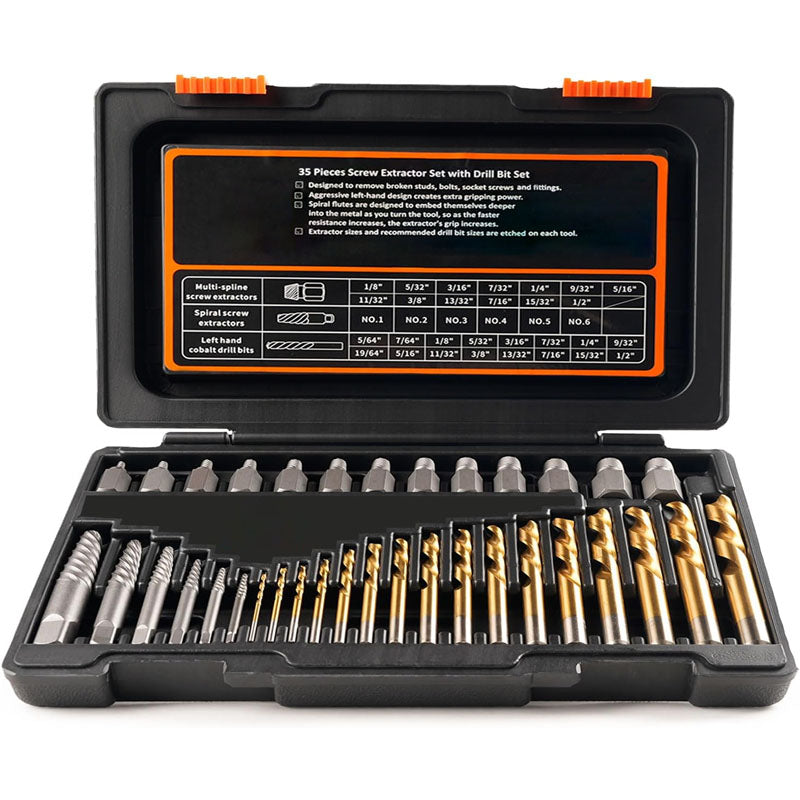 BowLift | Tap Extractors 35 Pcs Screw Extractor and Left Hand Drill Bits Set with HSS Steel Reverse Drill Bit for Broken Nuts, Stripped Bolts Remove