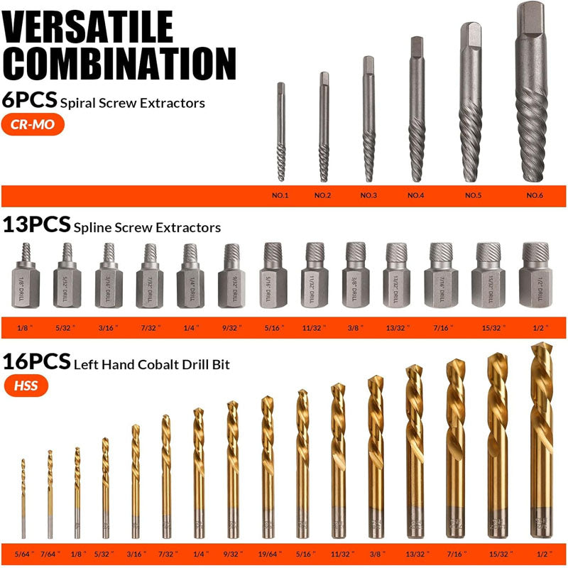 BowLift | Tap Extractors 35 Pcs Screw Extractor and Left Hand Drill Bits Set with HSS Steel Reverse Drill Bit for Broken Nuts, Stripped Bolts Remove