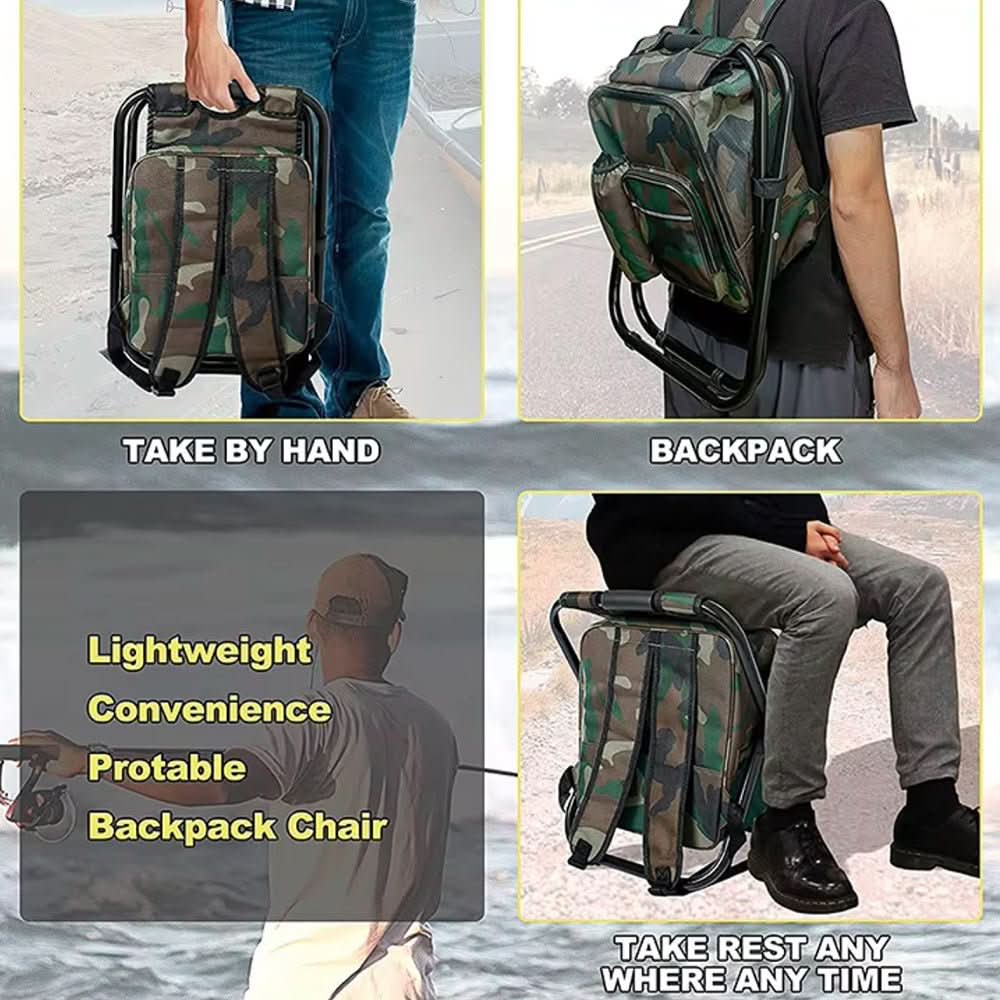 BowLift | 3-in-1 camouflage rucksack with folding chair & cooler compartment