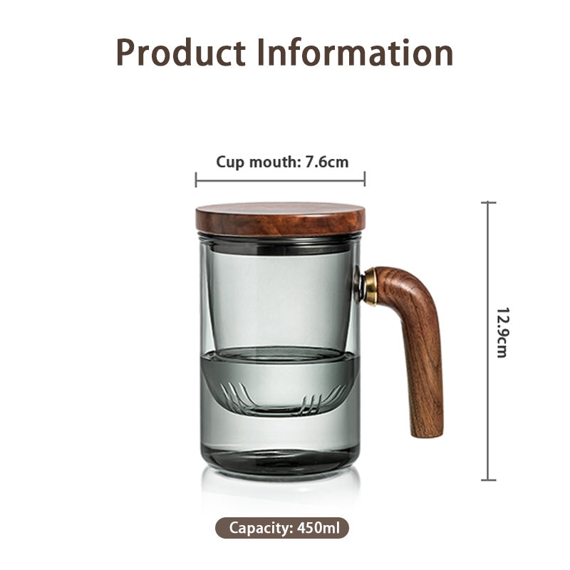 BowLift | Tea Cup, Glass Tea Cup, Tea And Water Separation Cup, Wooden Handle Tea Cup, Filter Integrated Tea Cup