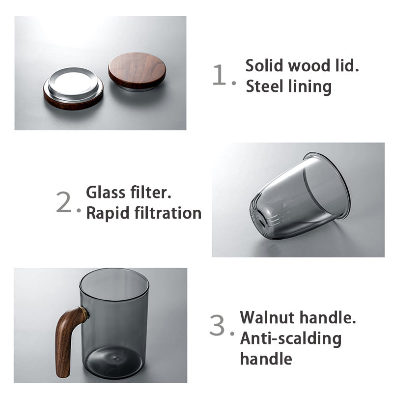 BowLift | Tea Cup, Glass Tea Cup, Tea And Water Separation Cup, Wooden Handle Tea Cup, Filter Integrated Tea Cup