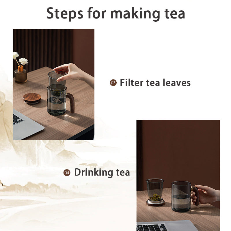 BowLift | Tea Cup, Glass Tea Cup, Tea And Water Separation Cup, Wooden Handle Tea Cup, Filter Integrated Tea Cup