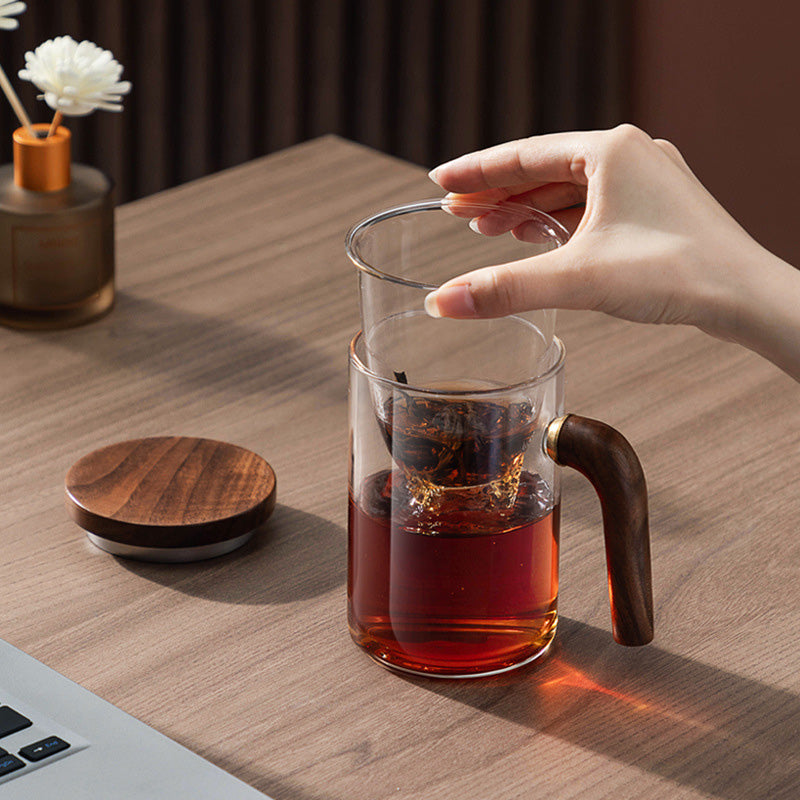 BowLift | Tea Cup, Glass Tea Cup, Tea And Water Separation Cup, Wooden Handle Tea Cup, Filter Integrated Tea Cup